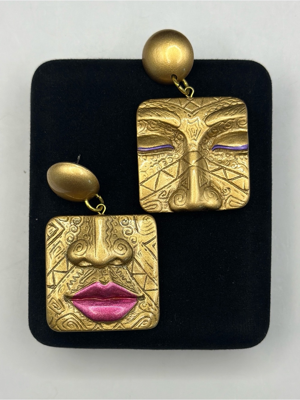 Park Lane Gold-Tone Tribal Face Drop Earrings 80s/90s Runway Art Deco Boho